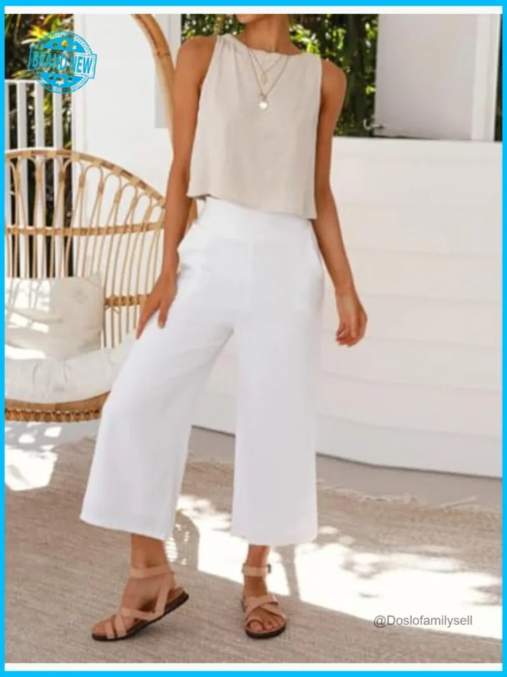 Linen Crop Tank Top Sleeveless High Neck Button Back Summer Beach Top Casual